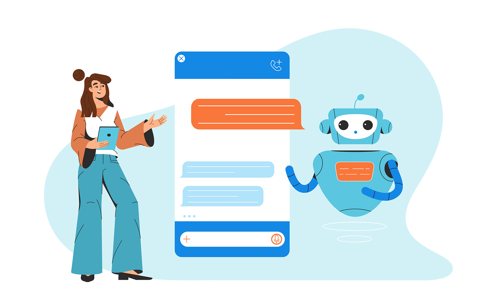 Chatbot technology. Flat woman chatting and communicating with artificial intelligence. Smartphone interface with chat bot dialog message icons at screen. AI robot assistant, online customer support.