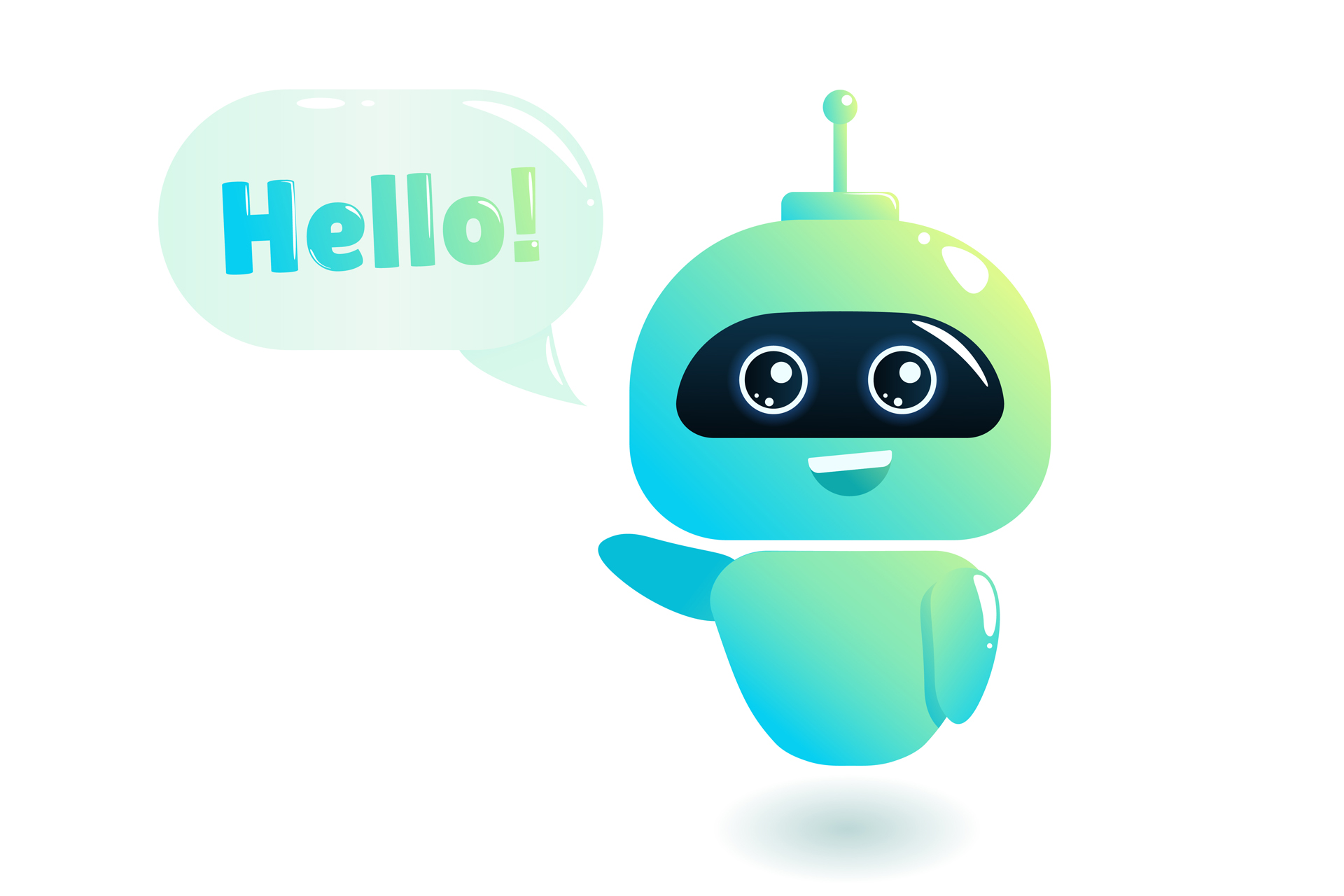 Cute bot say users Hello. Chatbot greets. Online consultation. Vector cartoon illustration