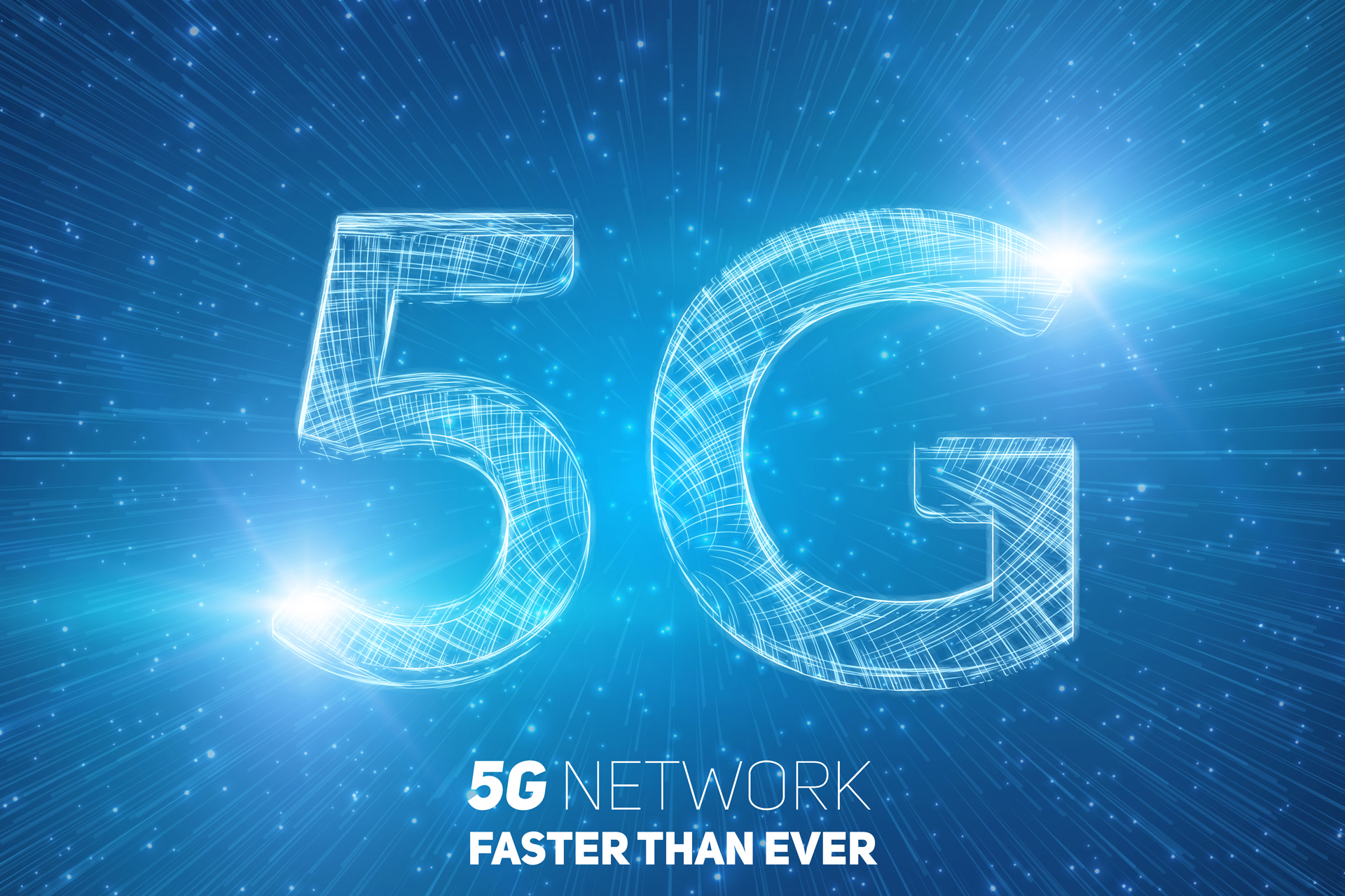 Vector abstract 5G new wireless internet connection background. Global network high speed network. 5G symbol construted with glowing lines with a lightspeed burst on background