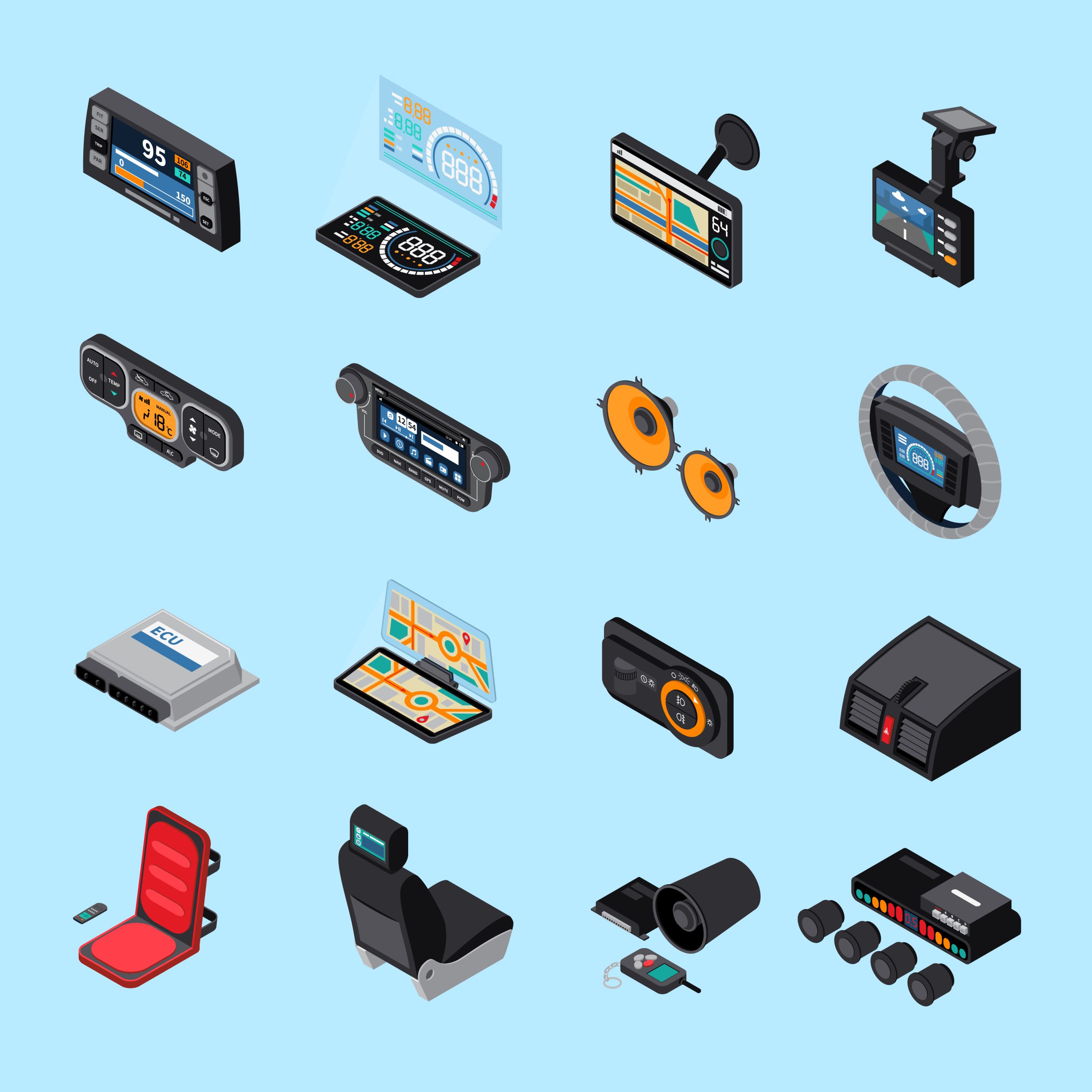 Car electronics icons set with stereo  symbols on blue background isometric isolated vector illustration